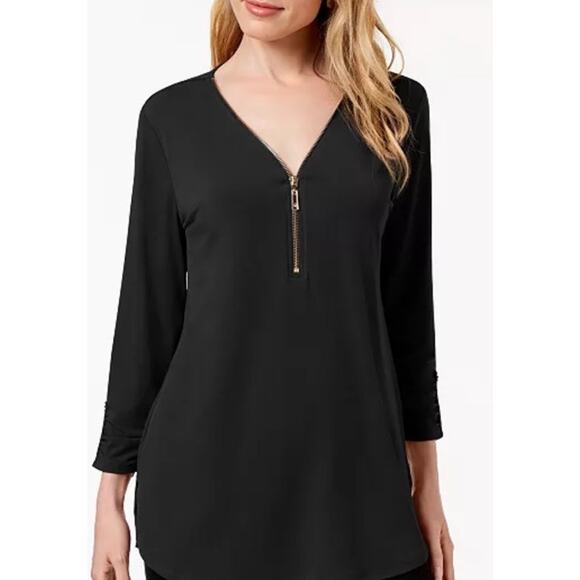 JM Collection Black Blouse XL Gold Zipper Resort Luxury Tunic Cocktail Hour Top - Picture 1 of 9